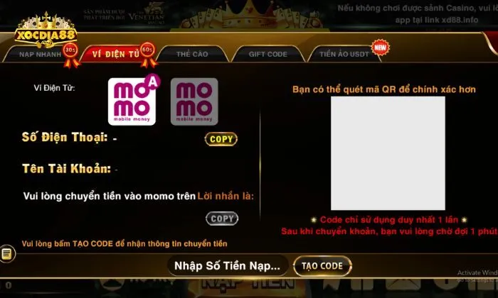 Nạp tiền Xocdia88 qua ví điện tử